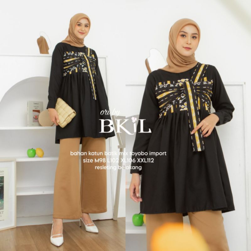 BKiL atasan blouse tunik wanita cewek toyobo kombinasi motif batik songket etnik warna hitam mix kun