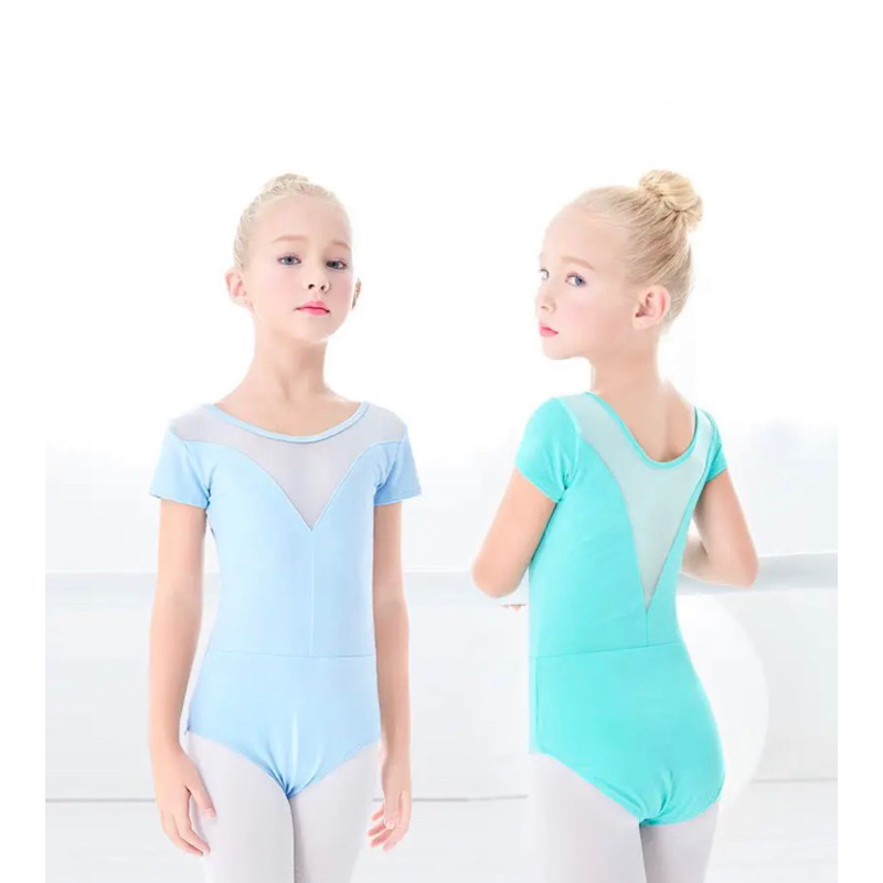 LEOTARD MESH V NECK BAJU GYM BALET COTTON SPANDEX KIDS ANAK