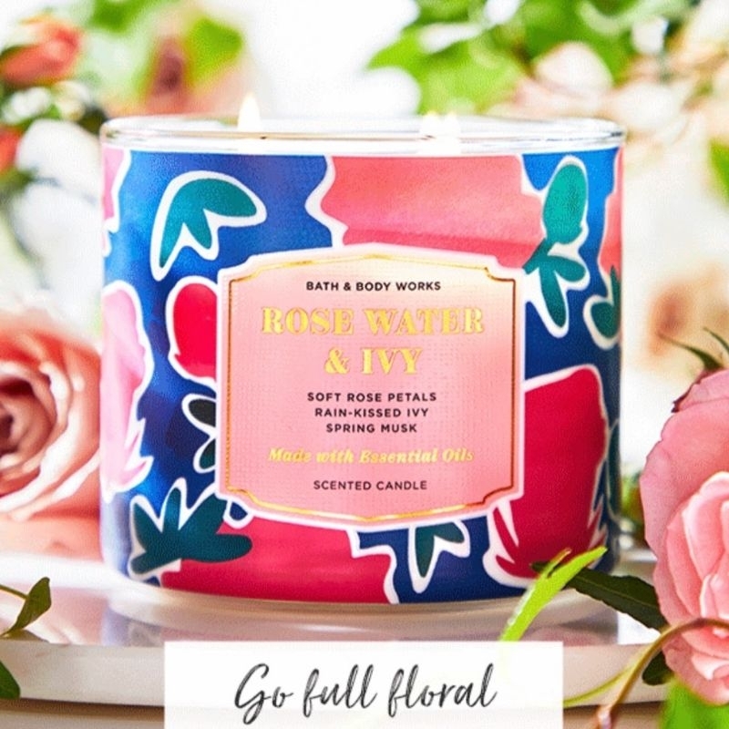 BATH &amp; BODY WORKS BBW ROSE WATER &amp; IVY 3-WICK SCENTED CANDLE 411 G LILIN WANGI 3 SUMBU UKURAN BESAR PENGHARUM RUANGAN ROSEWATER