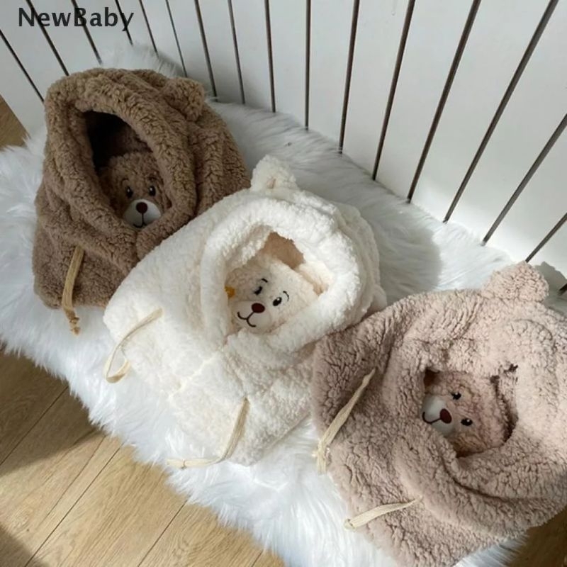 topi kupluk masker bear kawaii 2in1 serut / Topi Kupluk Plush Gaya Korea Aksen Telinga Beruang Untuk Anak Perempuan kepala beruang tali dagu