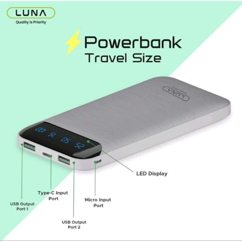 PC-2R Powerbank Luna 10000 mAh Fast Charging Dual Input Digital Display + FREE Cable Data POWER BANK