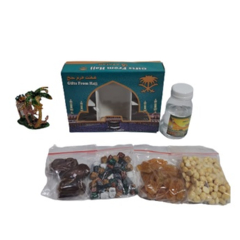 PAKET  Oleh-Oleh Haji Umroh Souvenir Kardus Isi Air Zam Zam 60ml Kurma Kismis Kacang Cokelat Arab