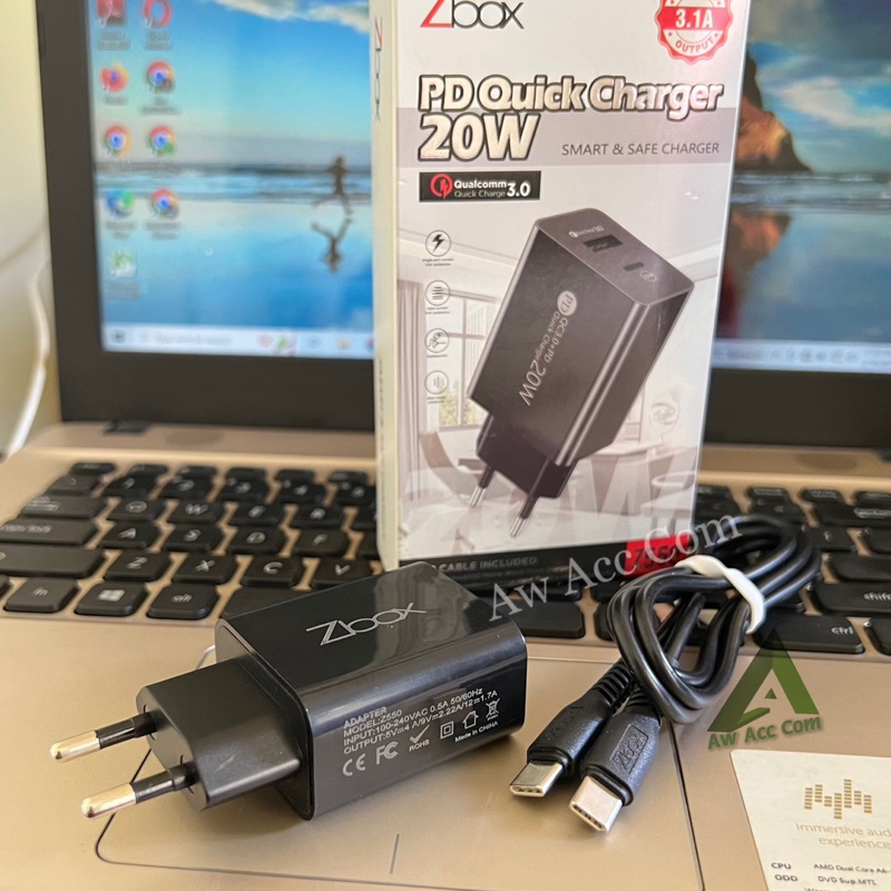 20W Charger Dual Usb A &amp; Usb C PD Fast Charging 3.1A include Kabel Type C to C 20 Watt Z-550