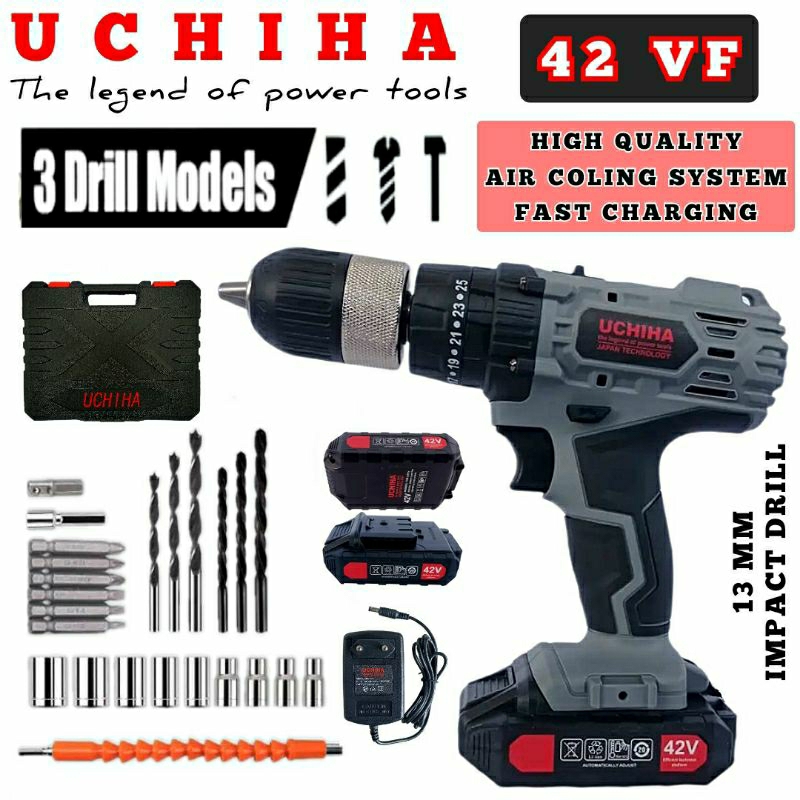 bor baterai cordless 42volt 13mm uchiha Japan bor baterai impact drill bisa beton besi kayu sekrup o