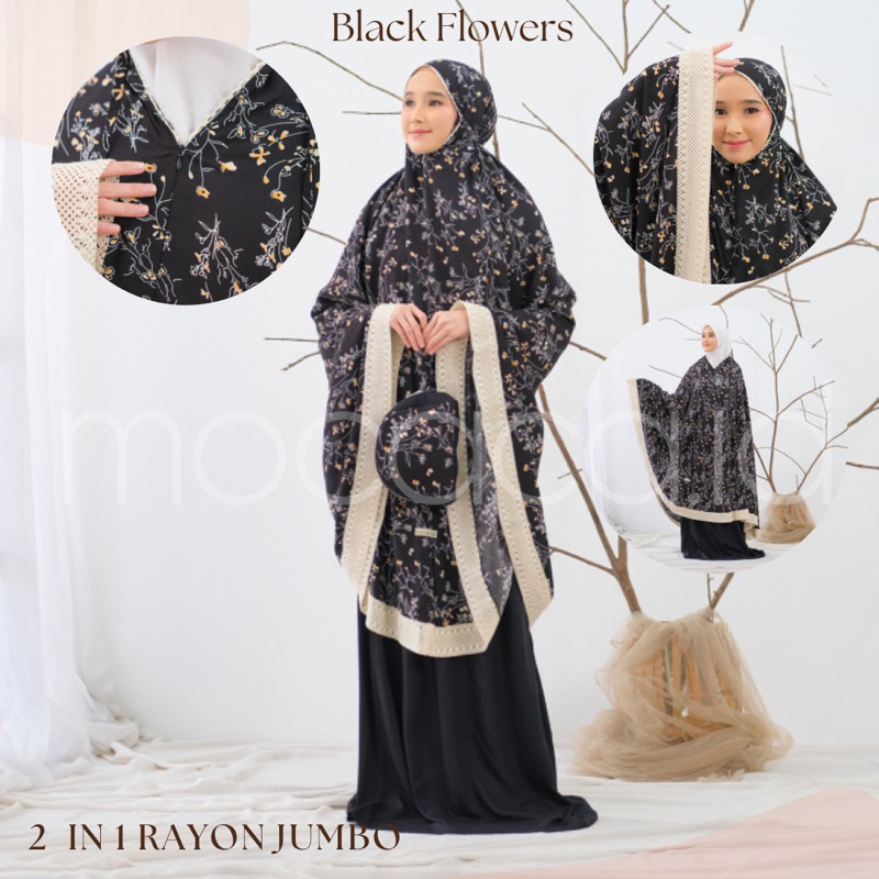 mukena jumbo dewasa 2 in 1 mocaca black flowers sleting depan ponco free pouch tas hitam