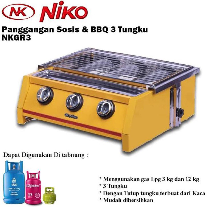 Niko BBQ Grill Gas Pemanggang Sosis Kompor 3 Tungku NK-GR3/ Pemanggang Sosis