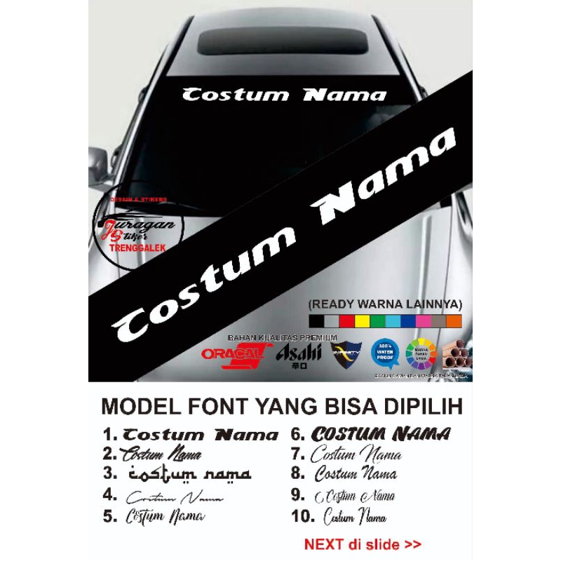 Stiker kostum tulisan costum nama custom kaca depan belakang mobil