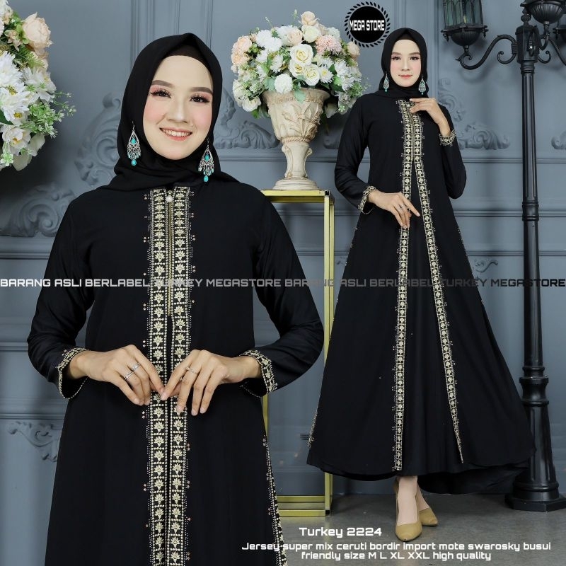 Baju Gamis Wanita Abaya Turkey Turki Hitam 2224 Dress Dres Jubah Hitam Ori Megastore