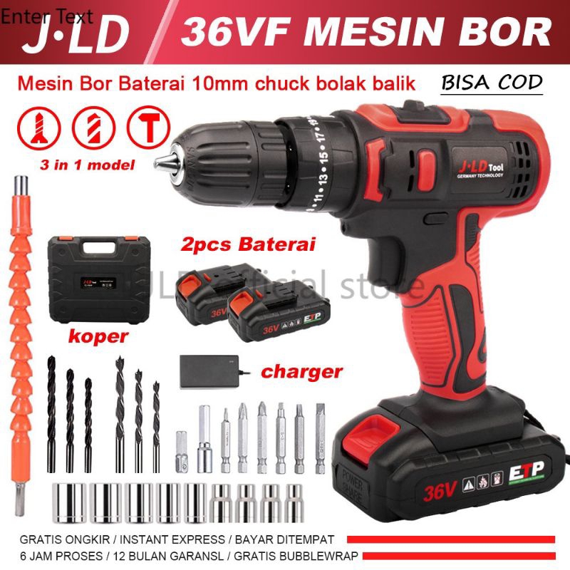 JLD 36VF mesin bor cas 2baterai - 35NM Mesin bor baterai cordless