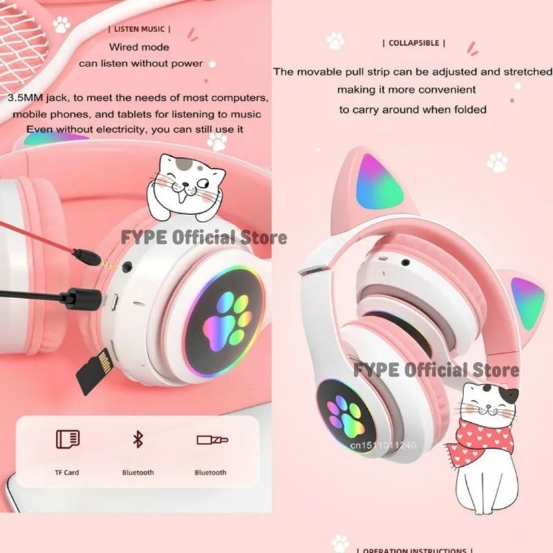 FYPE Headset Kucing LED TWS Bluetooth 5.0 Headphone Extra Bass