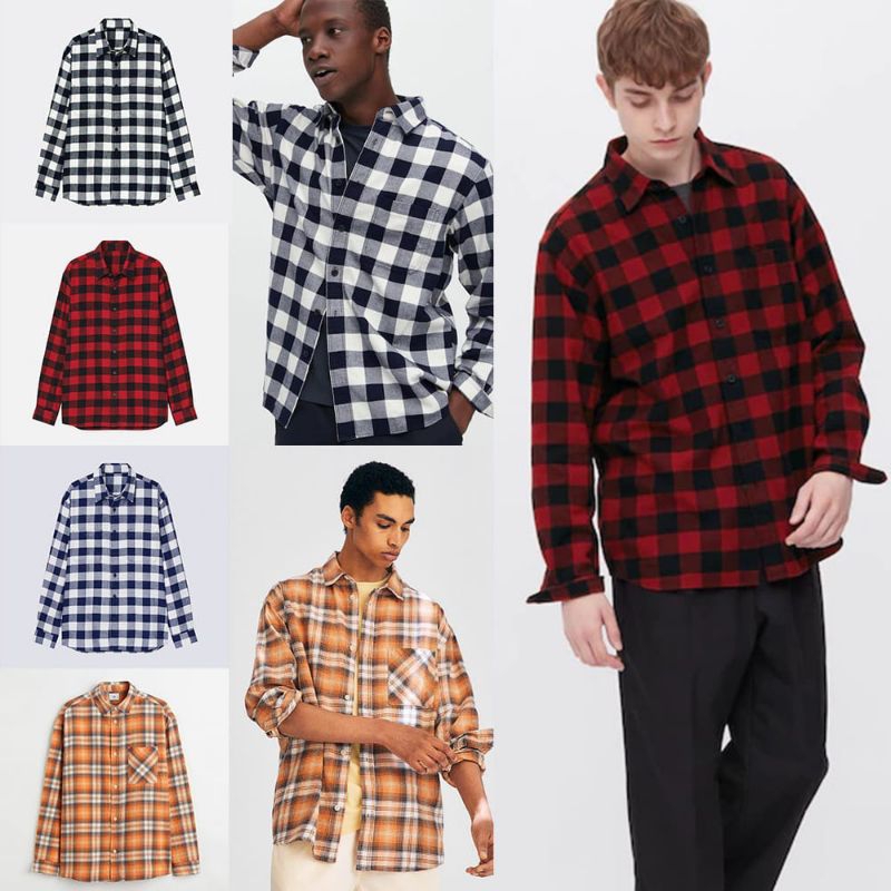 Flanel Shirt Pria Lengan Panjang Kotak Atasan Pakaian Hem Slim Fit Baju Pakaian Kerja Formal Casual 