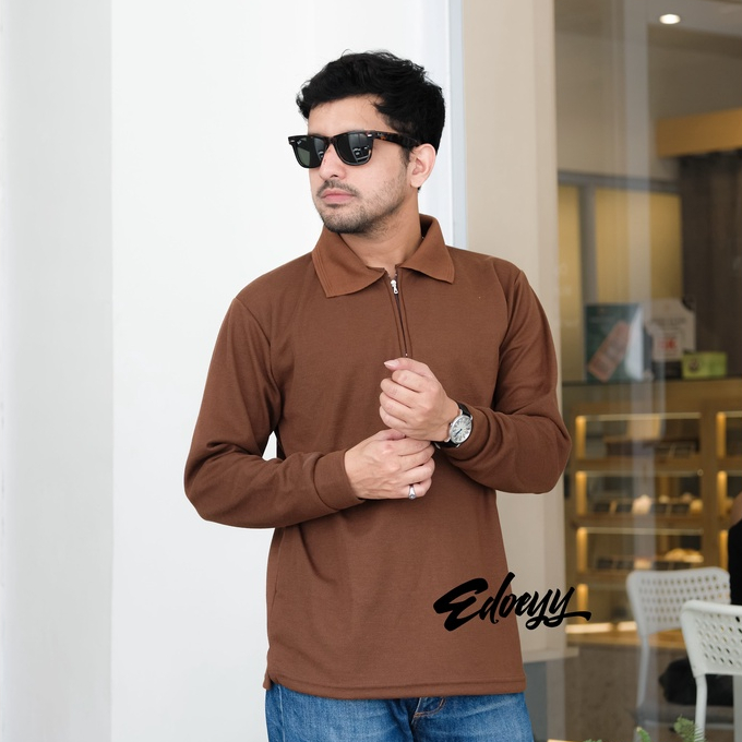 Kaos Polo Shirt Pria Zipper Lengan Panjang COKLAT TUA Baju Kerah Berkerah Resleting