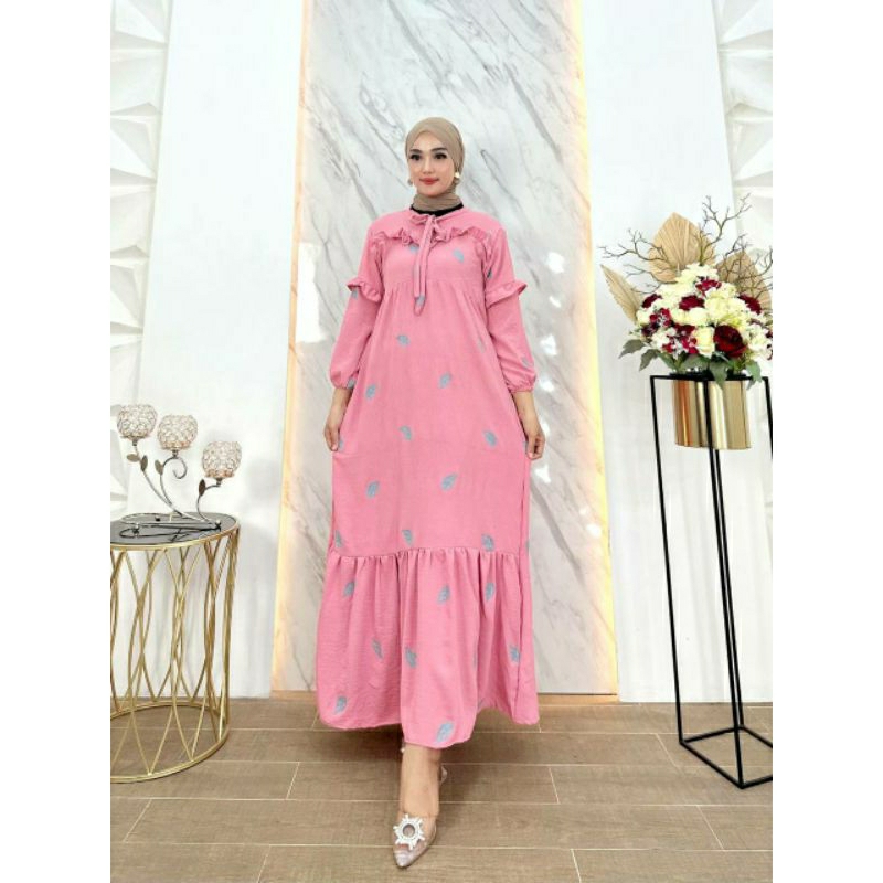 Baju Gamis Pompom Terbaru Kekinian Busui Mewah Bahan Kringkle Airflow Adem