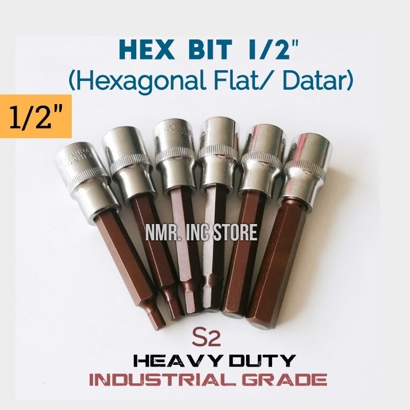 Mata Kunci Shock Hexagonal 1/2 Hex Bit H3 H4 H5 H6 H7 H8 H10 H12 H14 Flat S2 Heavy Duty, Obeng Sok, Sock, Socket.