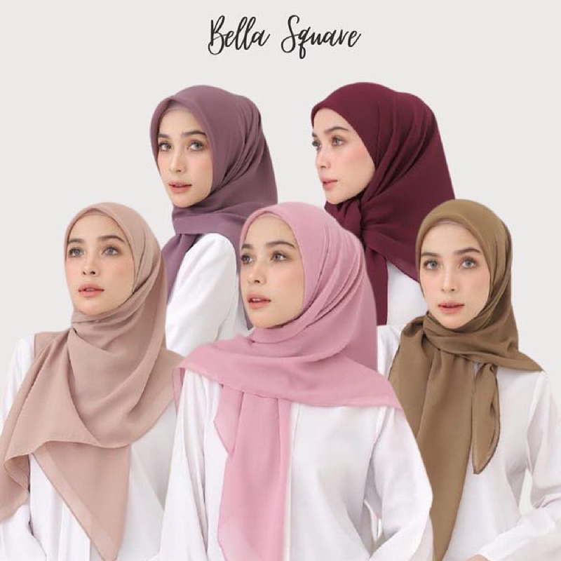 kerudung jiilbab / hijab segi empat bahan bella square polos jahit tepi neci murah premium warna hit