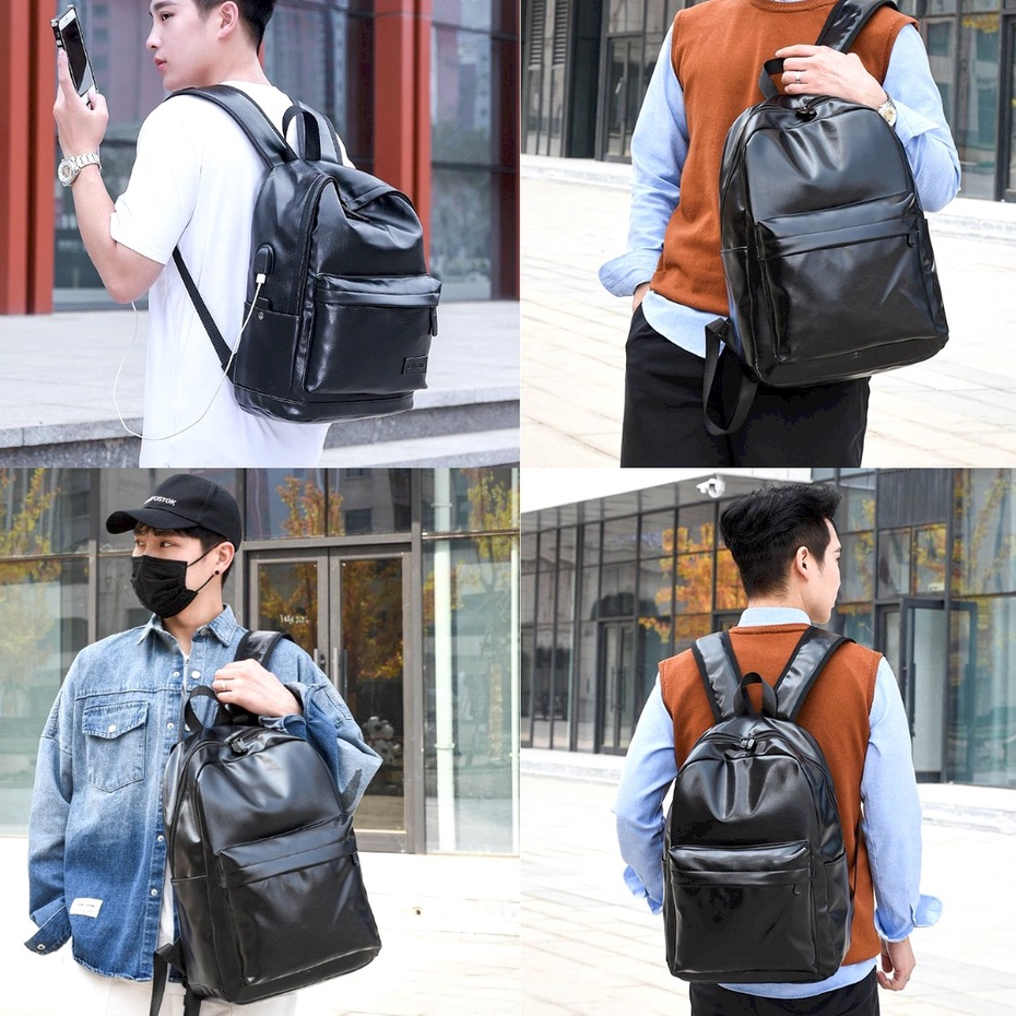 Tas Ransel Kulit Pria Premium Tas Pria Kulit Lanchi / Tas Backpack Pria Wanita Polos Warna HItam / Tas Ransel Traveling