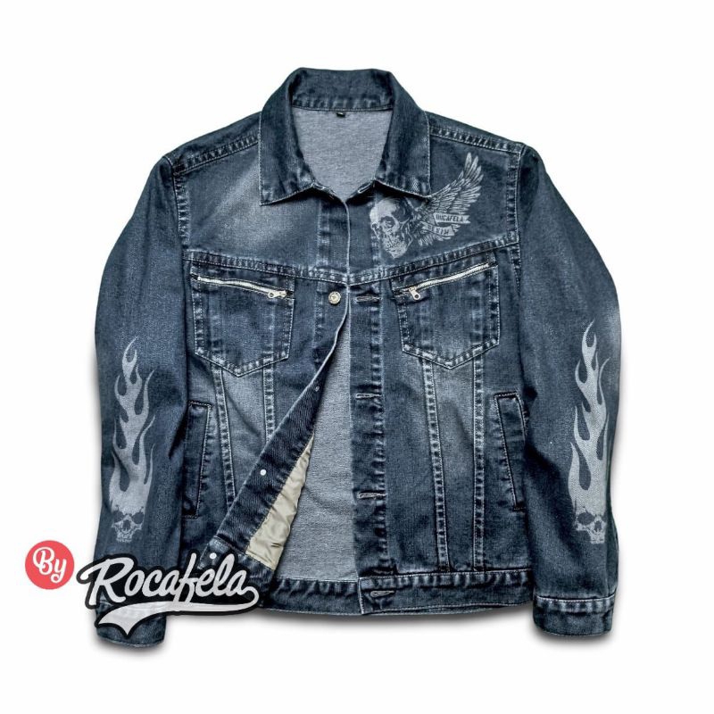 Jaket Jeans Denim Pria/Jaket Denim Rocafela Sablon Tebal Premium