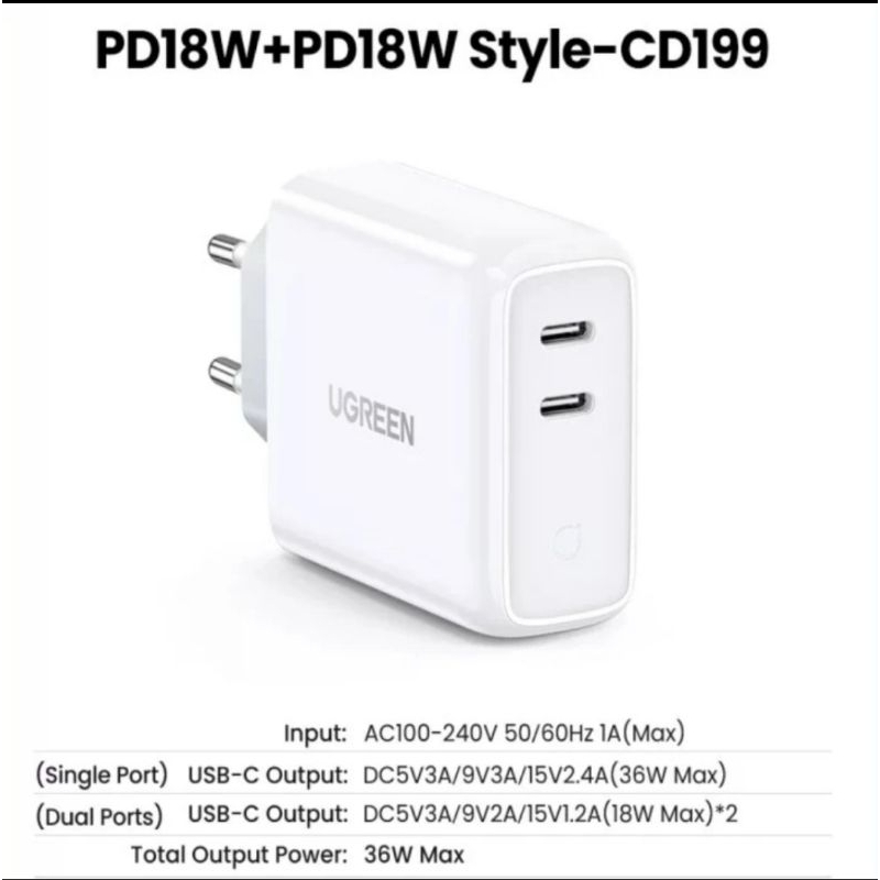 Ugreen Fast Charger 3A Dual Usb Ports 36W Qualcomm QC 3.0 / 2.4A Original