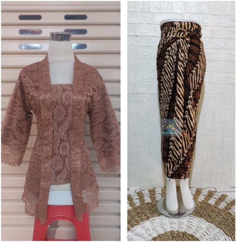 SETELAN KEBAYA KUTUBARU LENGAN 7/8 BROKAT FURING+ROK LILIT SIZE S-XL