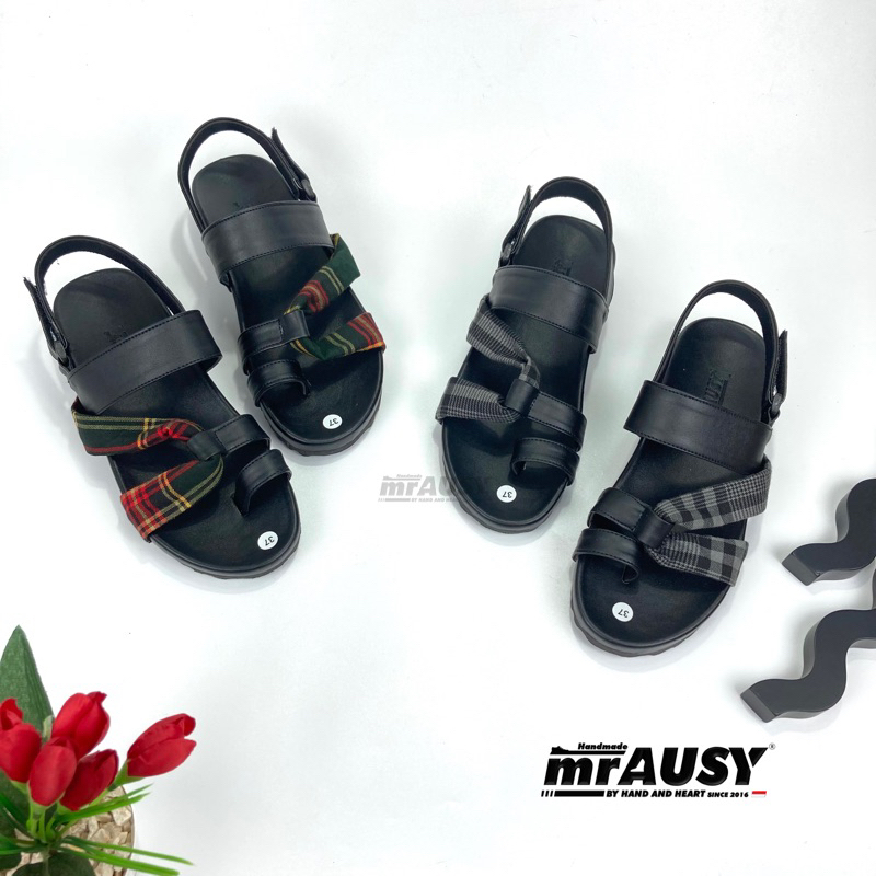 Sandal Selop Wanita Cewek Casual mrAUSY Silang Kain Motif Kotak
