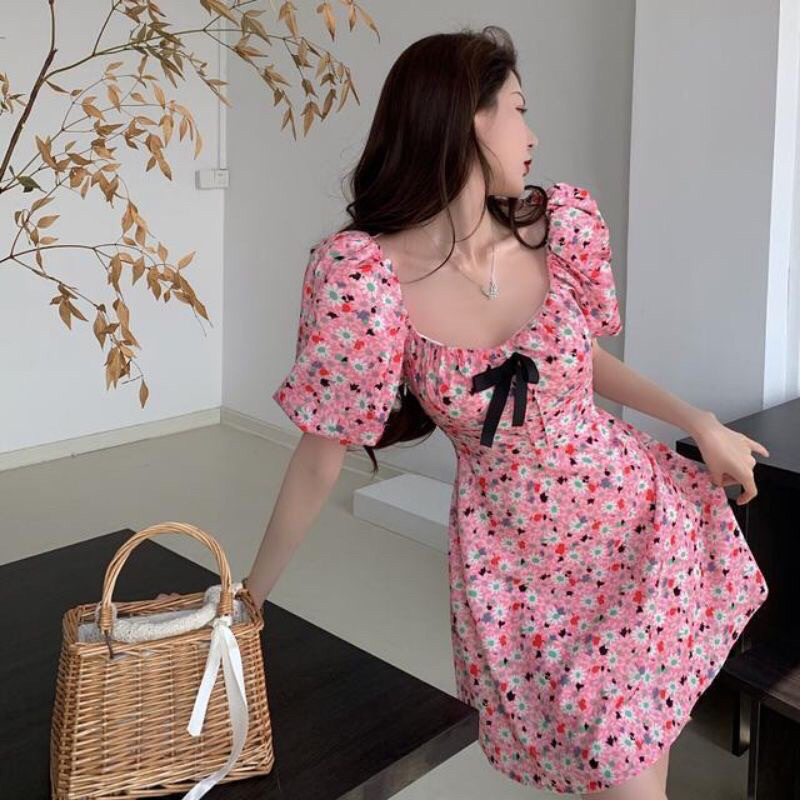 Dress korea Pink Flower A line Midi