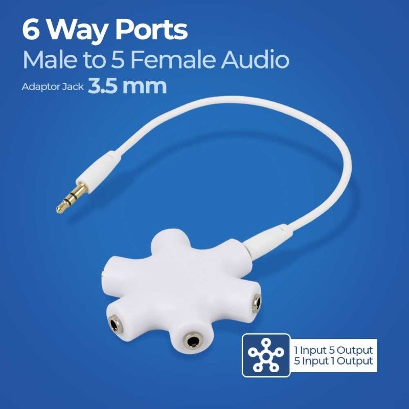 ALLOYSEED 6Way Port Male to 5Female Audio Earphone 3.5mm Jack Splitter - JLT108 Hitam (Black) / Putih (White)