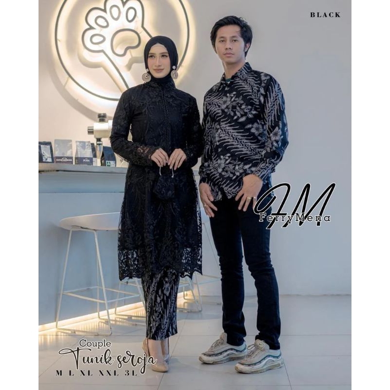 Set Kebaya Payet Saroja Tulle Mutiara Couple Kemeja Batik Pria Lengan Panjang / Sarimbit Couple Keluarga / Kebaya Jumbo Couple