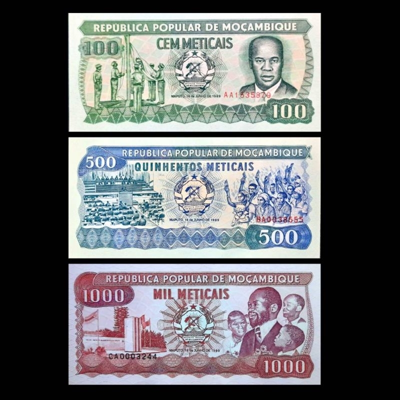 MOZAMBIQUE 100 500 1000 METICAIS 1989 UNC SET 3 LEMBAR UANG MOZAMBIK
