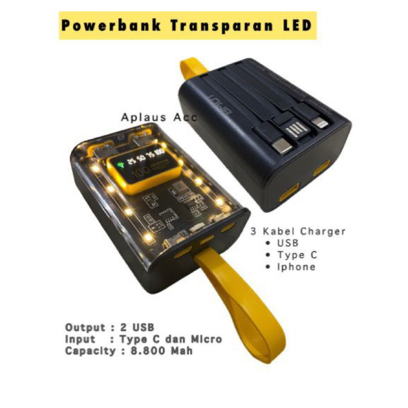 Powerbank Transparan LED Keren 8.800 Mah + 3 Kabel