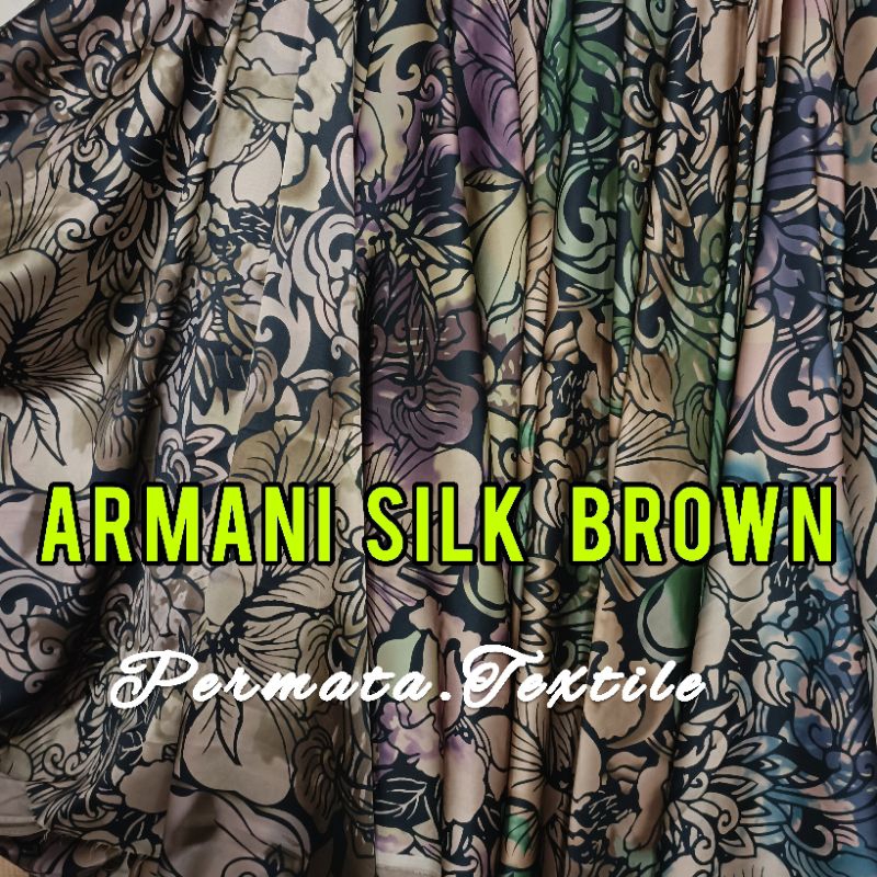 Bahan kain Armani silk ecoprint brown Import / Armani abstrak silk / harga per setengah meteran