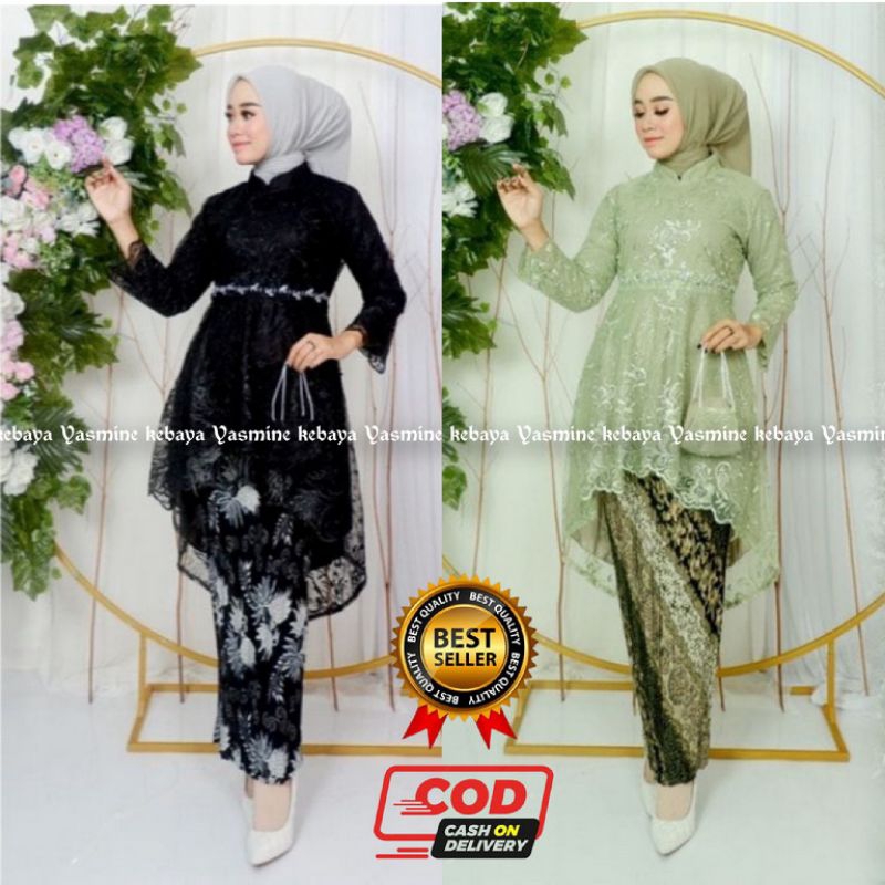 Setelan Kebaya Tunik Brukat Tille Bordir Payet / Set Kebaya Lesti Kejora Hitam dan Sage Green