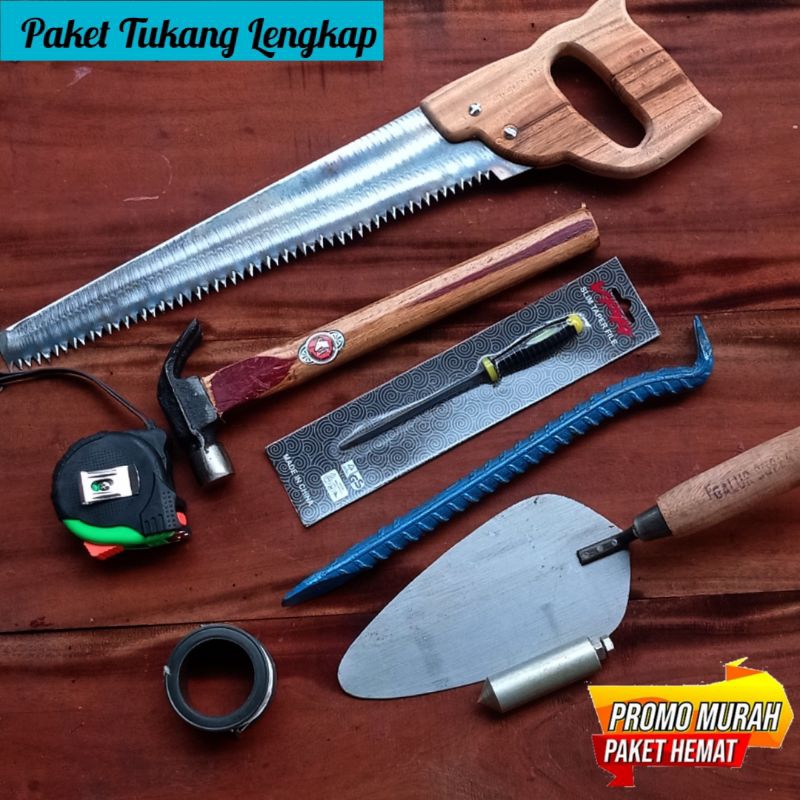TUKANG LENGKAP-gergaji kayu Paket Tukang 4 Pcs - Gergaji Kayu Palu Meteran Kikir Set Alat Pertukanga