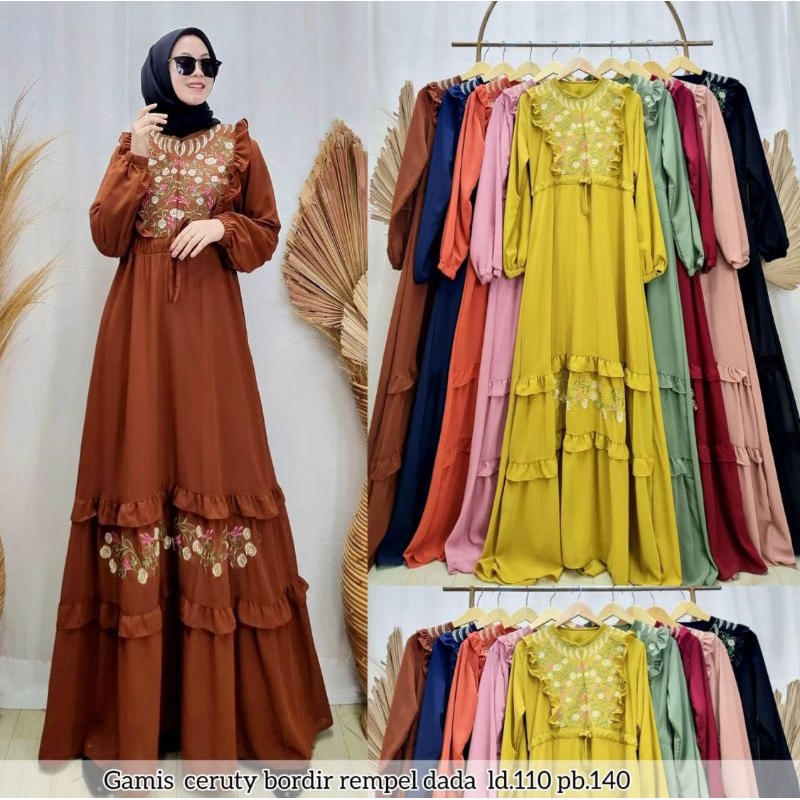 Gamis 2 ceruty bordir rempel dada ld104 /baju lebaran wanita