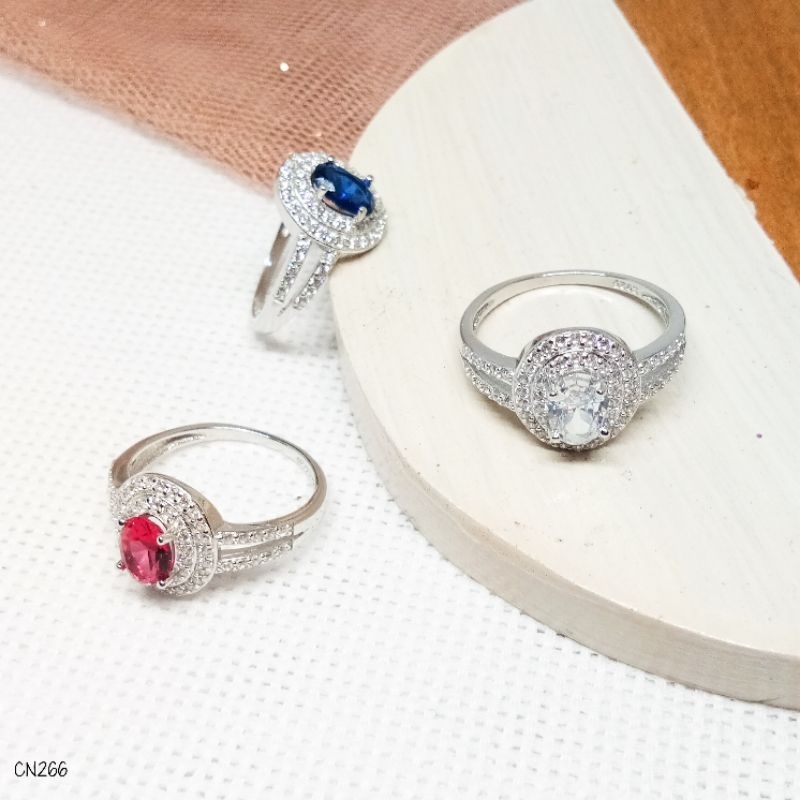 Cincin Dewasa Mata Biru Merah Putih Perak Asli 925 Lapis Mas Putih - CN266