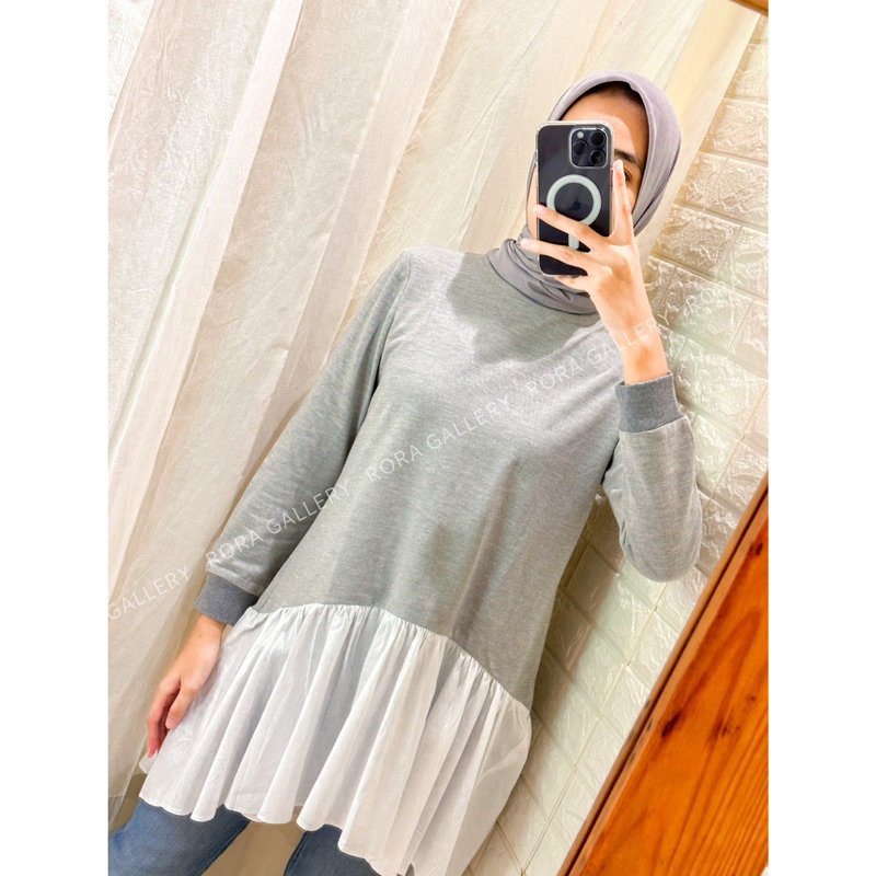 Monel OAKLYN RUFFLE TOP GREY | BLOUSE ATASAN WANITA | Rora gallery