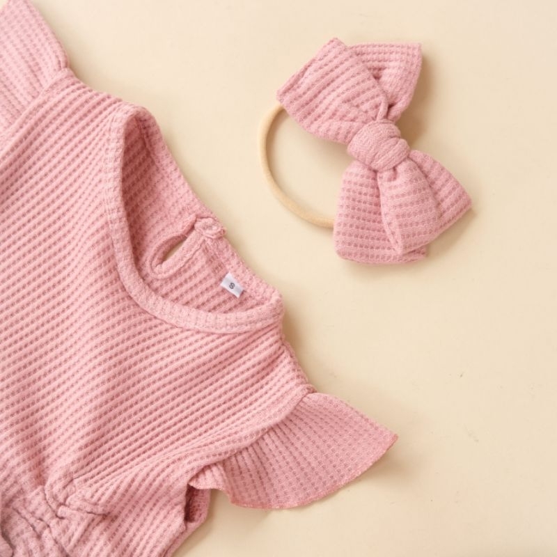 Dress bayi Aluna bahan katun knit waffle bonus headband 0-12 bulan