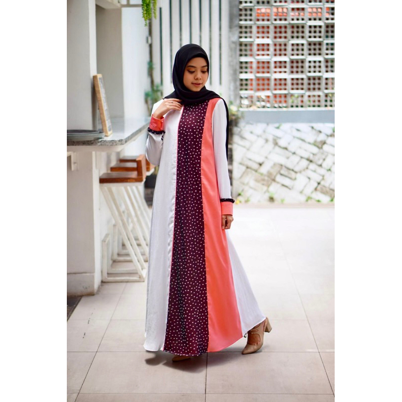 Yaminah Dress Gamis Putih Hitam Satin Korea Tulle Polkadot Spandex