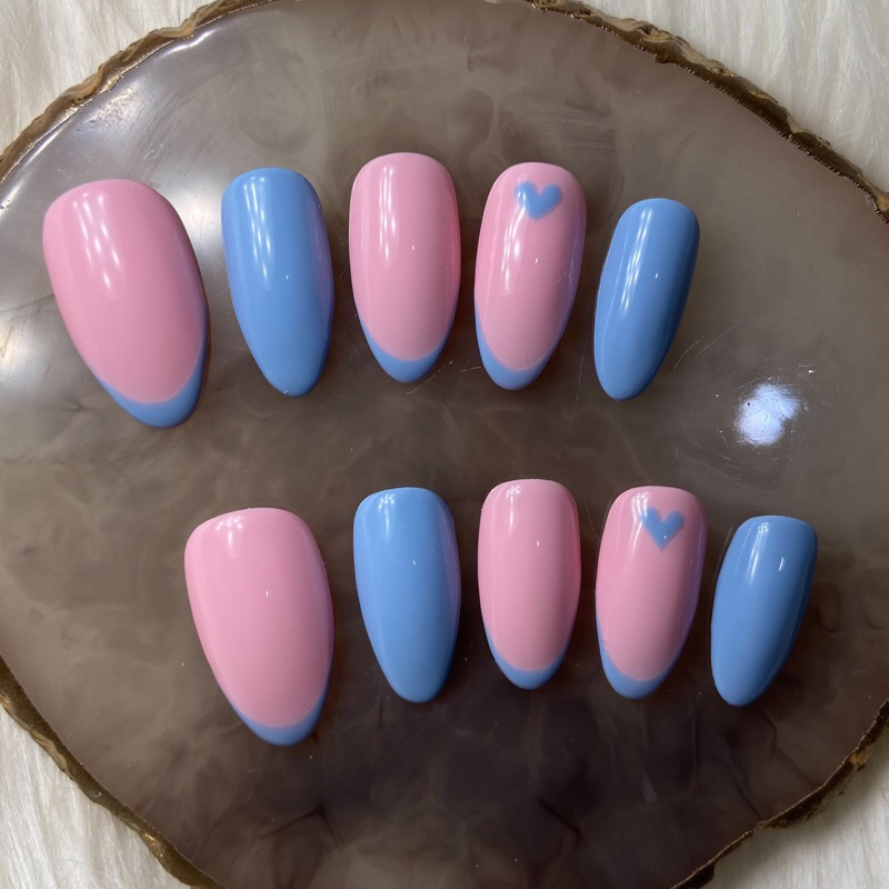 BLUE FRENCH HEART FAKE NAILS | CUSTOM FAKE NAILS | MADE BY ORDER