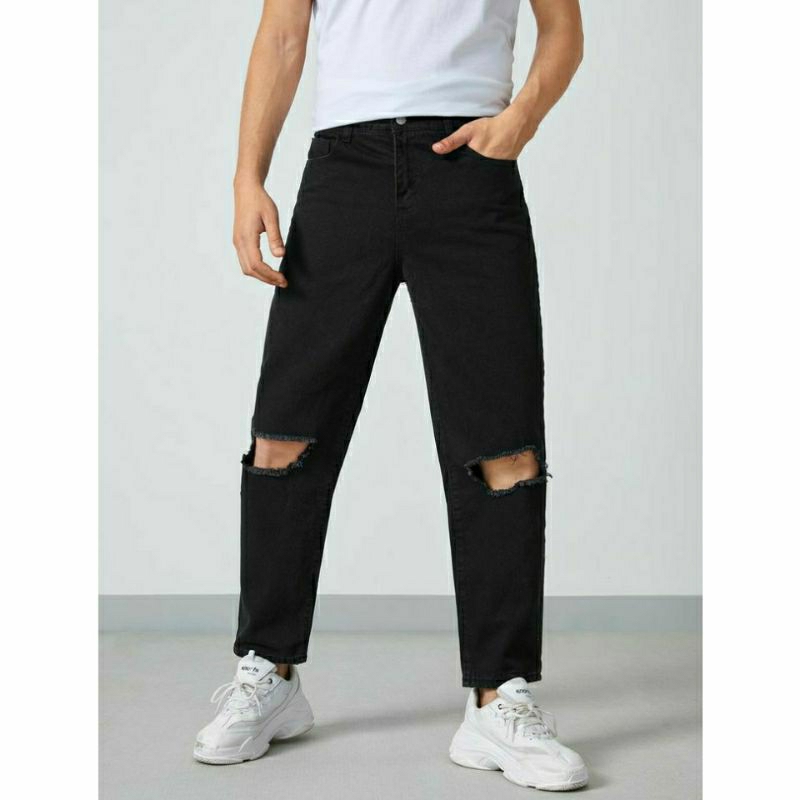 CELANA SOBEK PRIA RIPPED JEANS STANDAR BASIC REGULER ROBEK JINS HITAM 27-38