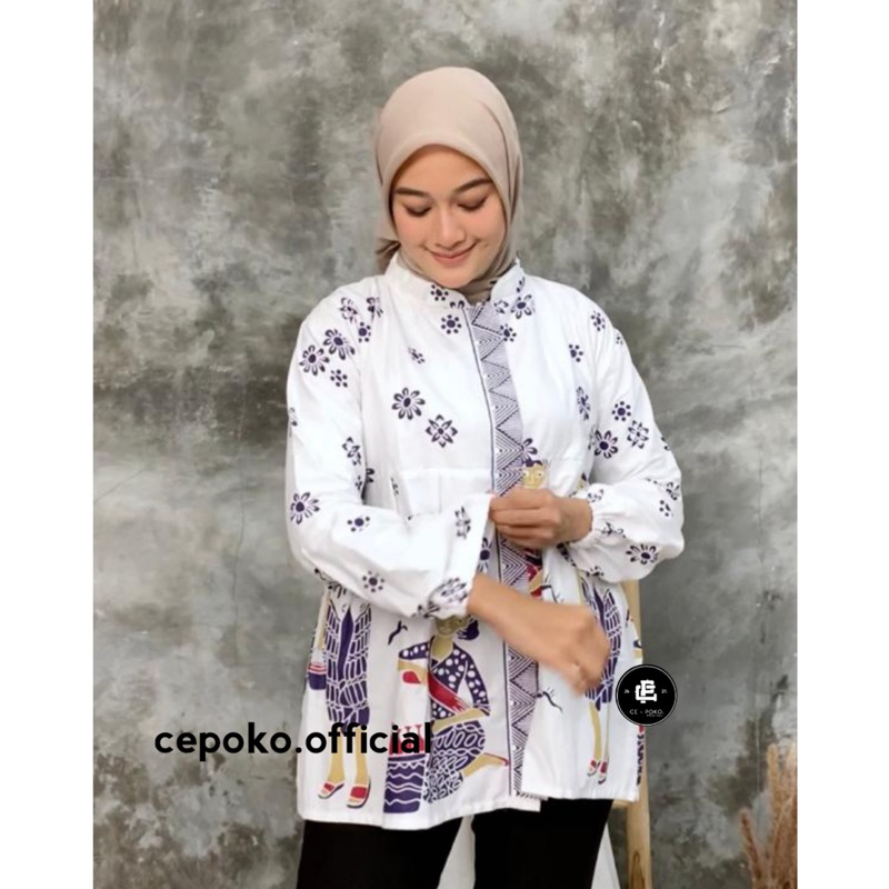 Blouse Batik Motif Mbok Jamu Baju Batik Wanita Kerja Lengan Balon Katun HRB 026 Modern Kekinian