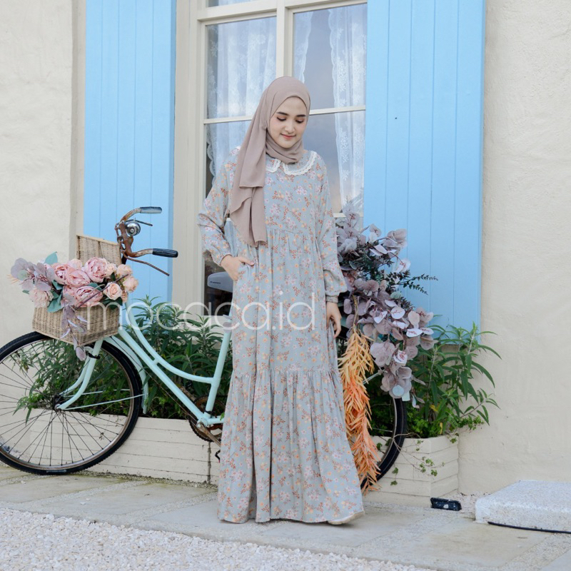 Gamis rumahan renda depan busui rayon premium - motif shabby green pastel