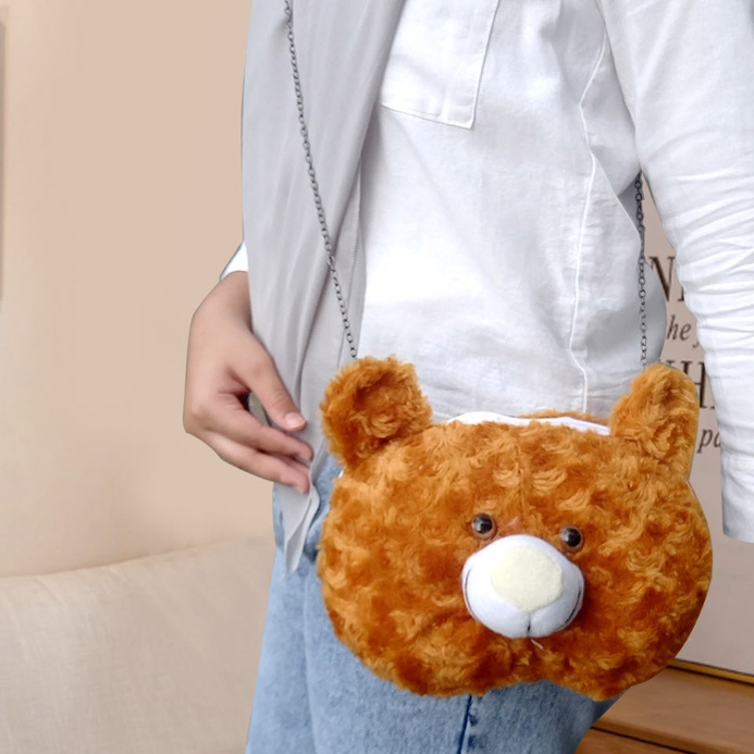 Real pict  Tas Selempang &amp; Bahu Wanita Tas bulu selempang bahu boneka kepala beruang Sling Bag Bulu TEDDY BEAR