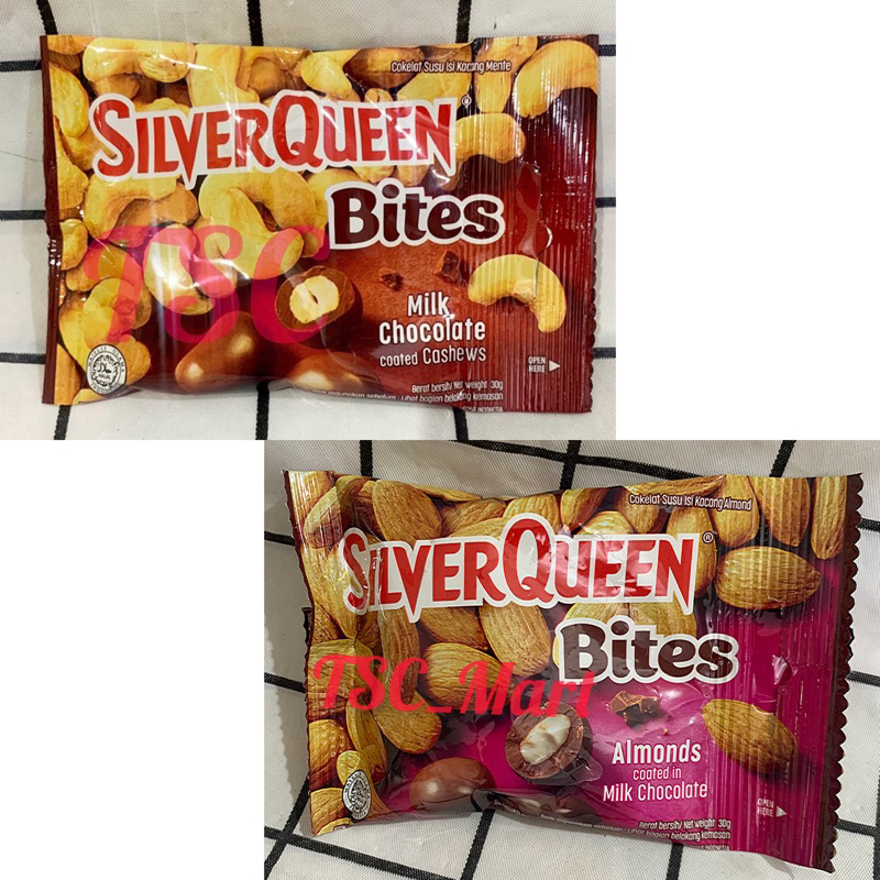 

Silverqueen Bites Milk Chocolate 30gr / Coated / Cashews / Almond / Silver queen / Silverqueen / Bites / Milk / Chocolate / Coated / Chocolate / Cokelat / Susu / Isi / Kacang / Mente / Coklat / Halal