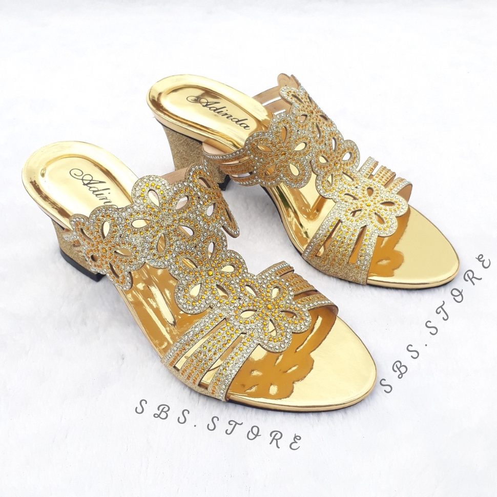 Sandal Pesta Wanita High Heels Mewah Motif Payet 06 Terbaru/Sendal Selop Wedges Hak Tahu 5cm Kekinian/Kondangan Pernikahan Pengantin