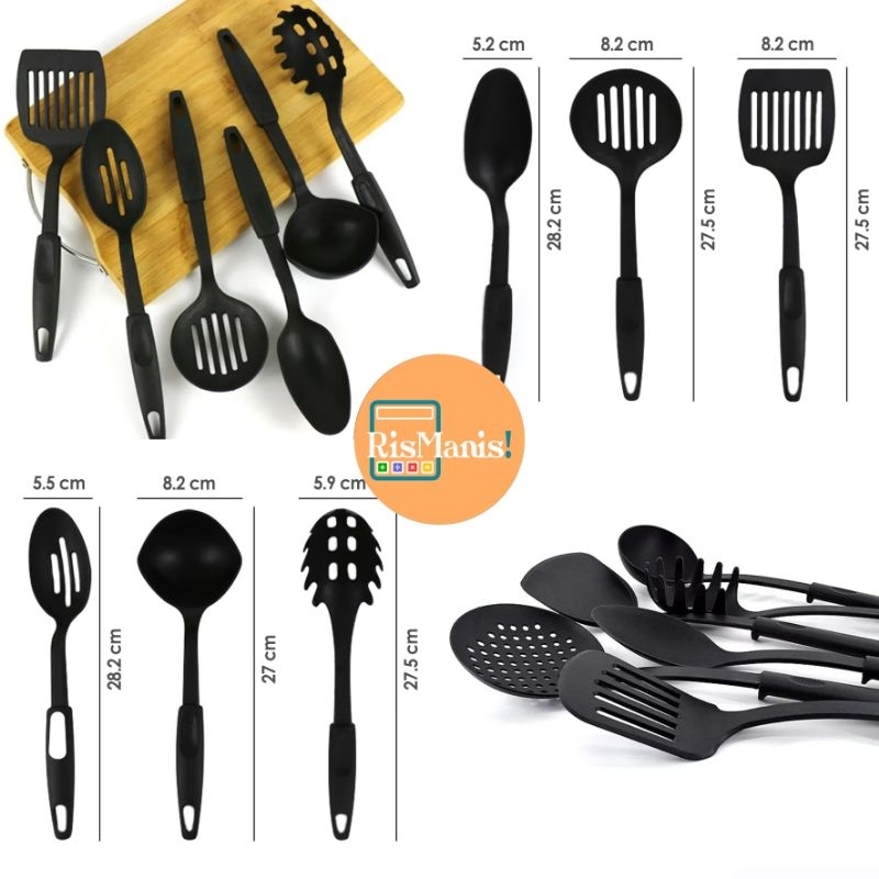 Kitchen Utensils Set - 1 Set Peralatan Masak isi 6 pcs Aneka Alat Dapur Sendok Sup Centong Sop Spatula Sutil Lubang Tirisan Pasta Spoon Tumis Wajan Enamel Lapisan Teflon Anti Baret Handle Tahan Panas Bebas Lengket Saringan Sodet Food Grade Tunner Skimmer