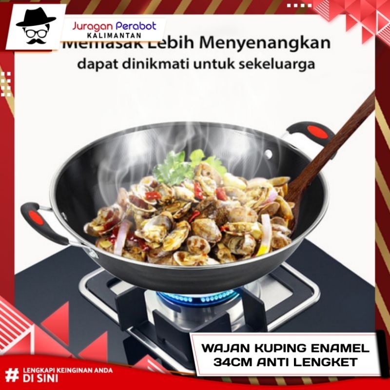 Wajan Kuping Enamel 34 Cm / Wajan Enamel Anti Lengket & Goresan 34 cm / Wajan Gagang 34cm