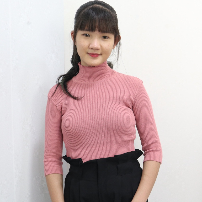 Atasan Rajut Wanita Turtleneck - Kaos Turtleneck Rajut Turtleneck Lengan 3/4 - Kaos Viral Korea Style