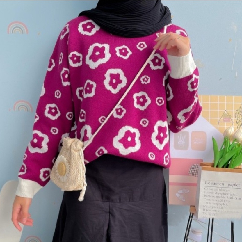 ZAHRA Atasan Bahan Rajut Premium Wanita FLOWERS SWEET | Sweater Rajut Premium Wanita