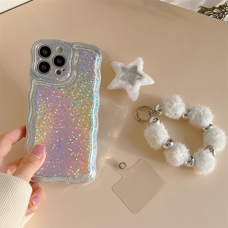 Shimmer Star with Pom Pom Chain Softcase Casing Case HP Lucu iphone XS XS Max XR 11 Pro Max 12 Pro Max 13 Pro Max 14 Pro Max