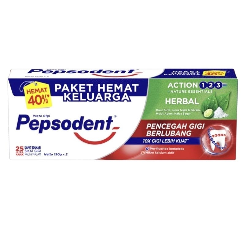 PEPSODENT 190gr Paket Hemat Keluarga Pasta Gigi Pencegah Gigi Berlubang + Herbal / Pepsodent 190gr Beli 1 Gratis 1